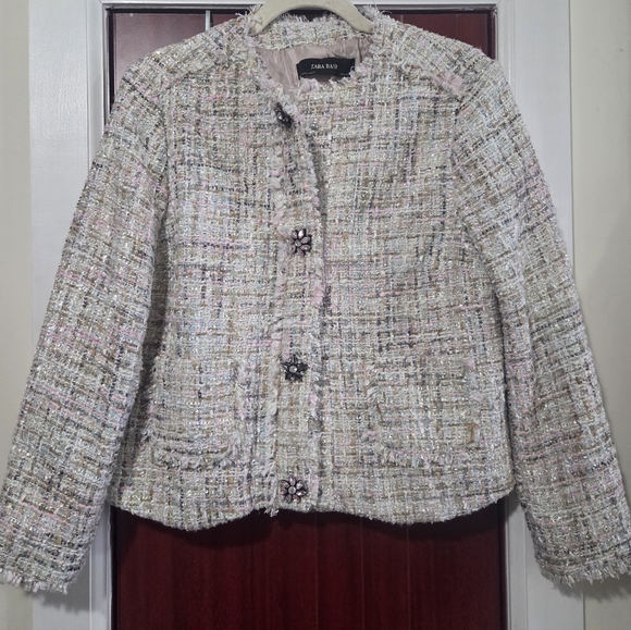 Zara Tweed Jacket With Jewel-Embellished Buttons, Sz M - Picture 3 of 3